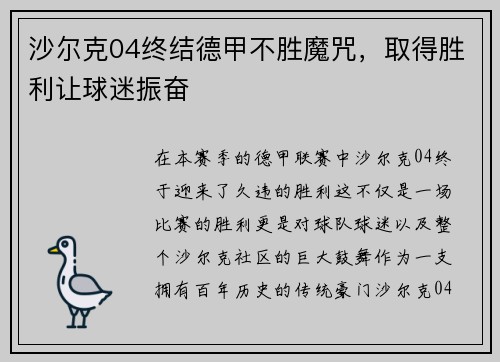 沙尔克04终结德甲不胜魔咒，取得胜利让球迷振奋